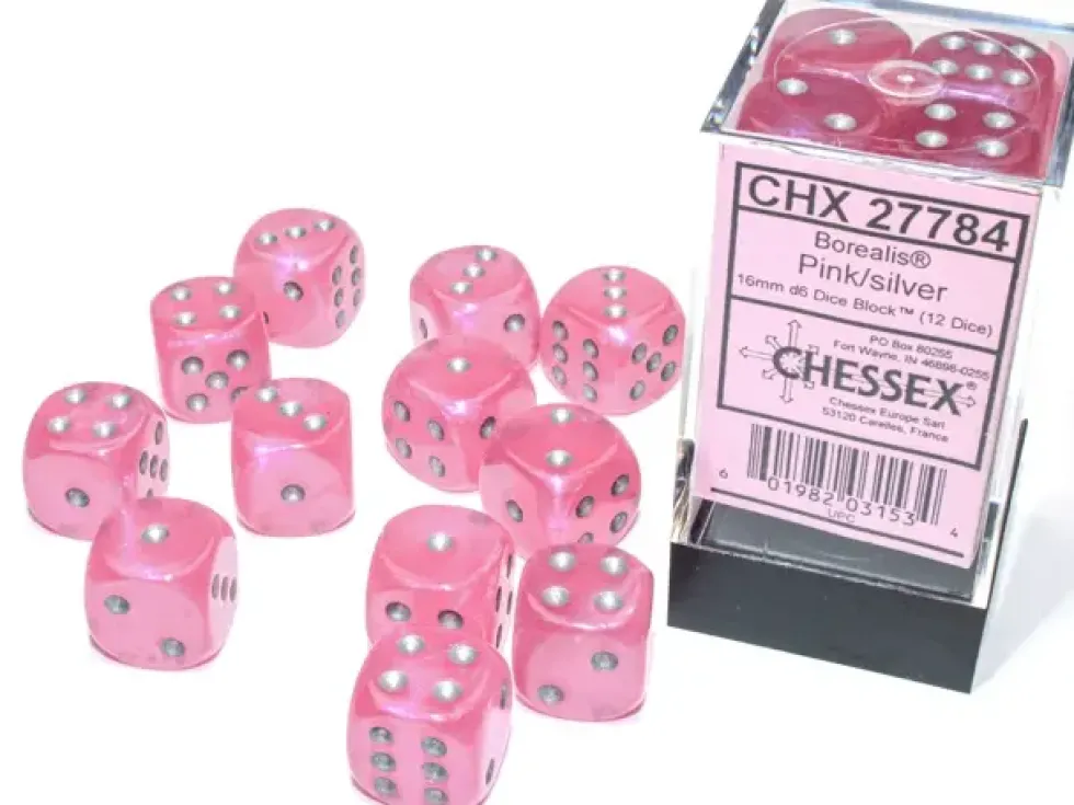 Borealis - Pink/Silver (Luminary) - d6, 12 st (16 mm, prickar)
