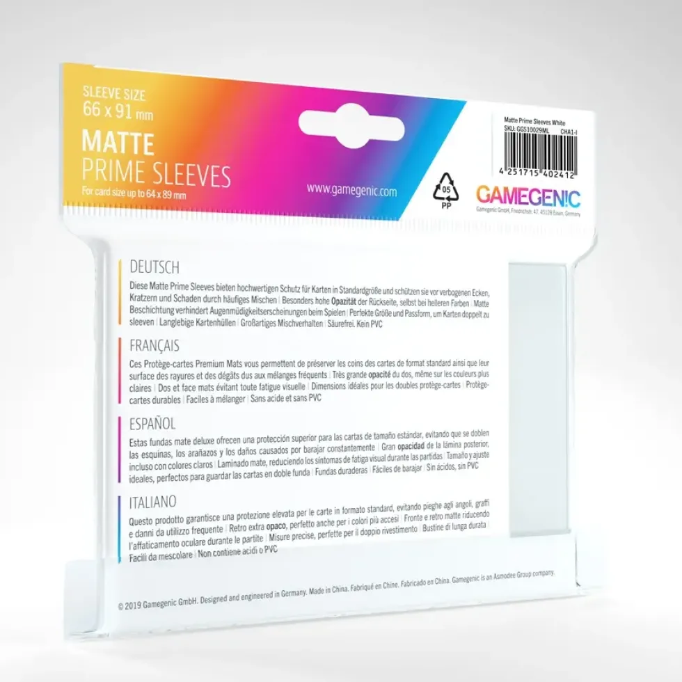 GameGenic: MATTE Prime Sleeves - White (66 x 91 mm) - 100 st
