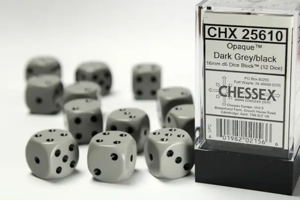 Opaque - Grey/Black - d6, 12 st (16 mm, prickar)