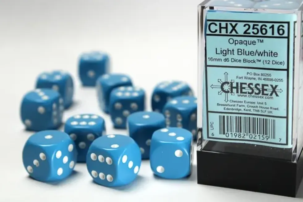 Opaque - Light Blue/White - d6, 12 st (16 mm, prickar)