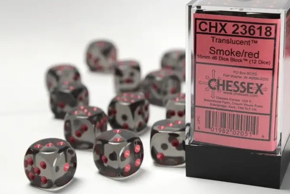 Translucent: Smoked/Red - d6, 12 st (16 mm, prickar)