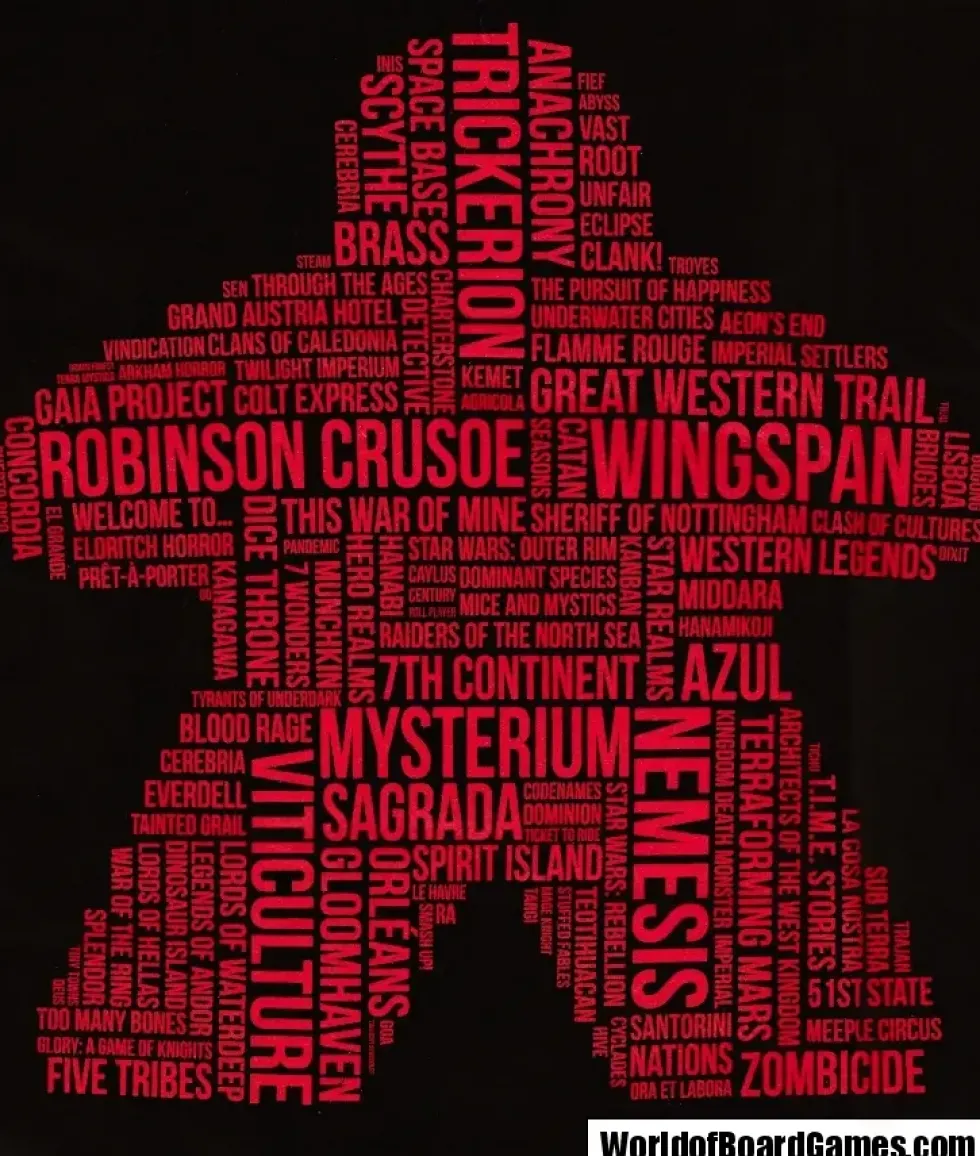 T-shirt: Mr. Meeple - Red Meeple Wordle, Version 2: Trickerion (Black) - Large