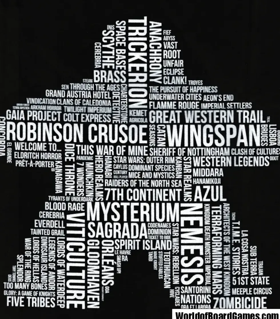 T-shirt: Mr. Meeple - White Meeple Wordle, Version 2: Trickerion (Black) - 5X-Large