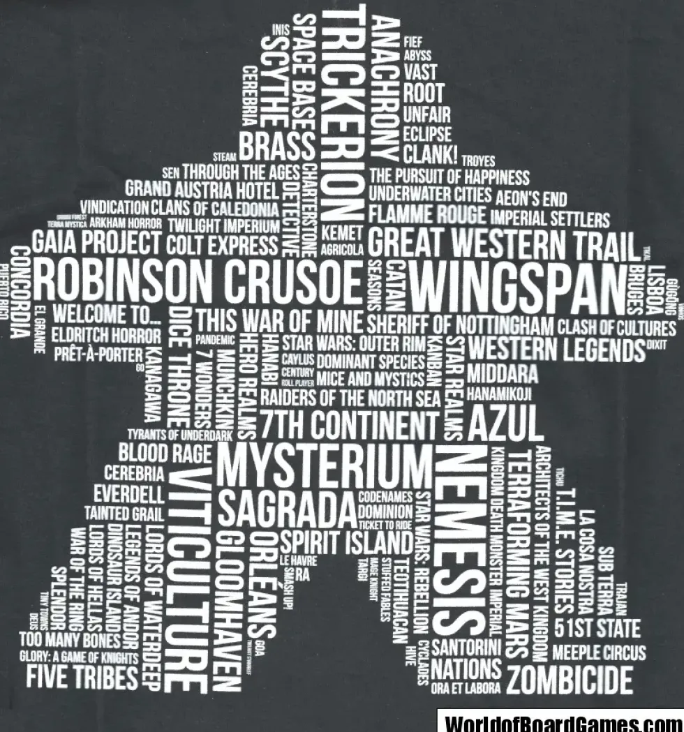 T-shirt: Mr. Meeple - White Meeple Wordle, Version 2: Trickerion (Grey) - Woman's X-Large